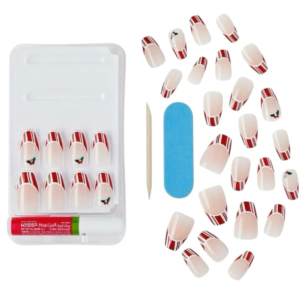 KISS Press on nails 2 sets Limited Ed. Voguish Fantasy Candy cane Holly w/glue